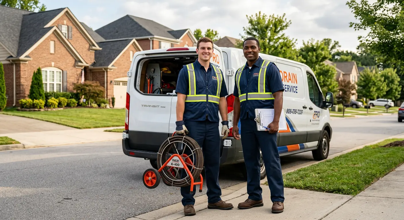 Sewer and drain service team with equipment ready for work in Fayetteville