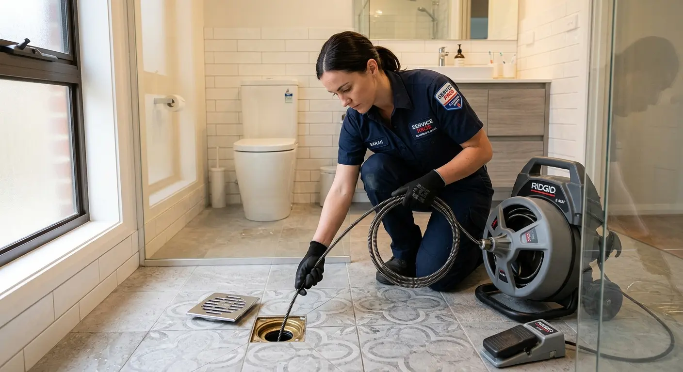 Technician clearing a bathroom floor drain for Sewer Line Installation in Fayetteville